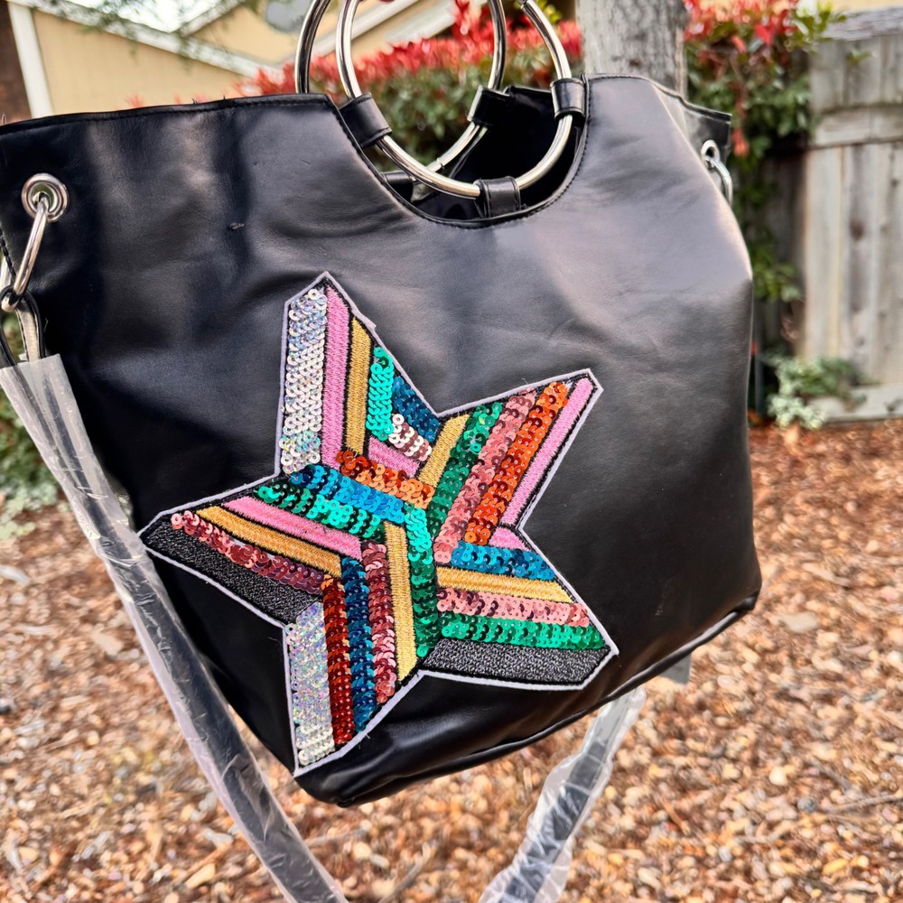 New T Shirt & Jeans Black Faux Leather Star Sequin Shoulder Bag w Silver Handles